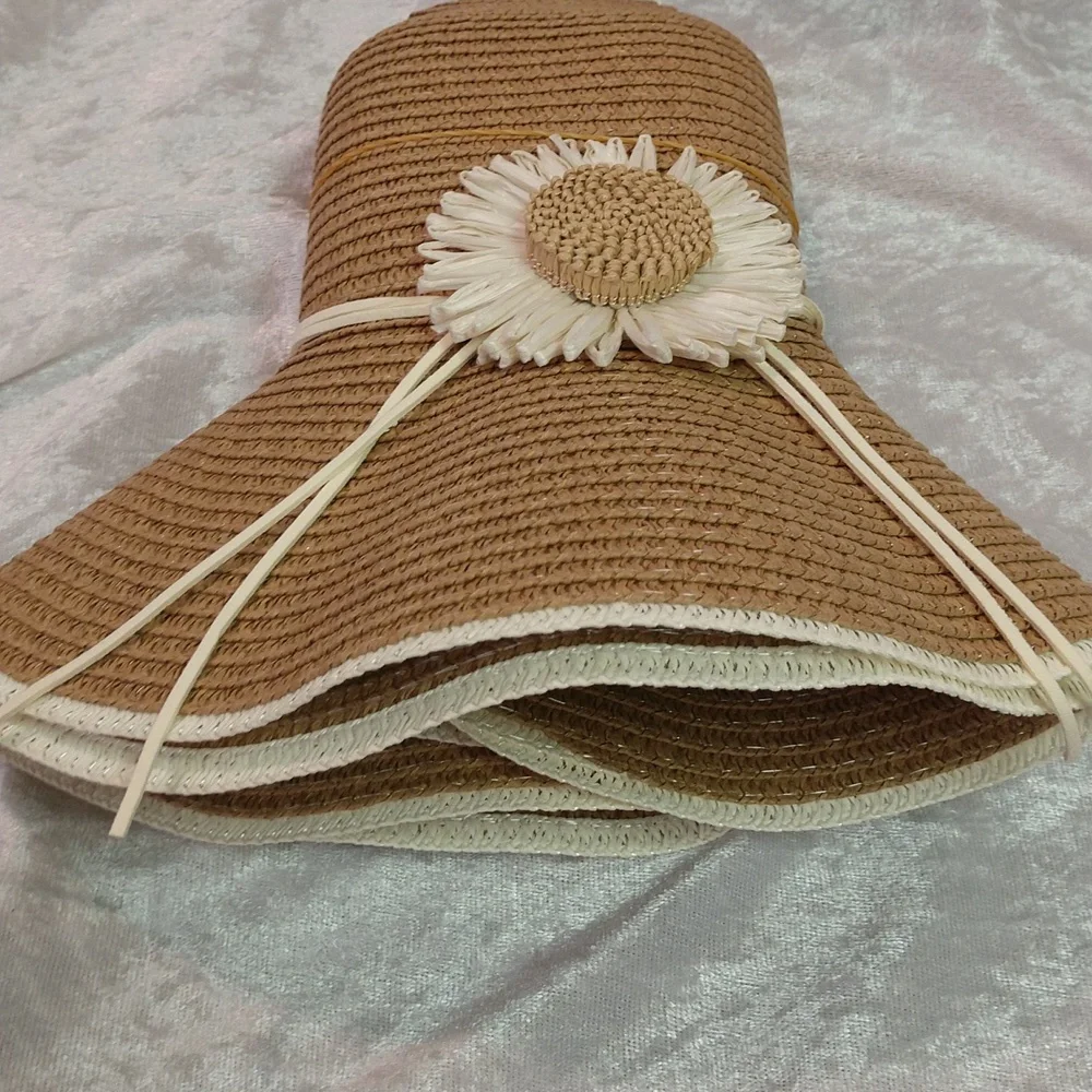 Floppy Hat With Flower Neutral 2-tone Boho Casual Country Vacation Minimalist - Picture 17 of 17